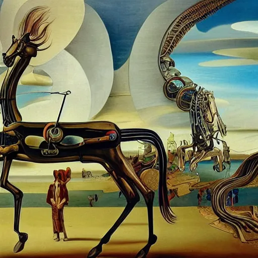 Image similar to an extremely long and spindly mechanical horse in a futuristic victorian city, oil painting, style of salvador dali and richard dadd