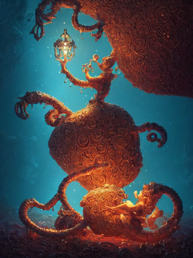 Image similar to macro, candy creature in candyland, water reflection, night, backlit, warm tones, bioluminescent : by michal karcz, daniel merriam, victo ngai and guillermo del toro : ornate, dynamic, particulate, intricate, elegant, highly detailed, centered, artstation, smooth, sharp focus, octane render