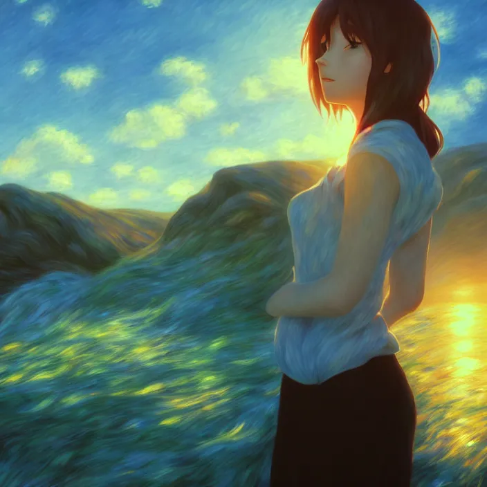 Image similar to an epic makoto shinkai and renoir landscape of a woman's hair - waterfall, golden hour, ultra smooth, lois van baarle, ilya kuvshinov, unreal engine, blender, trending on artstation, suntur, caleb worcester, highly detailed, photorealism, bloom effect 8 k