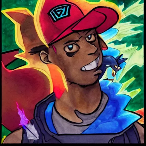 Image similar to Travis Scott as a pokemon trainer with a charizard, watercolor, trippy, colorful