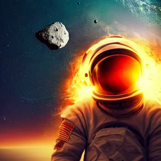 Image similar to astronaut stranded on planet, destroyed ship that is crash landing, exploding planet in background, fire, white smoke, impending fear, 4 k, dystopian, lonely, isolated space station in space, sci - fi, crash landing, asteroids.