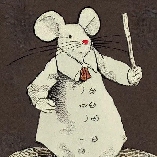 Image similar to illustration of a mouse wearing a Victorian suit. In style of Beatrix Potter.