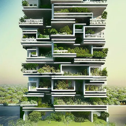 Image similar to “the hanging gardens of Babylon mixed with an m. C. Escher sketch, architectural design, residential apartment tower”