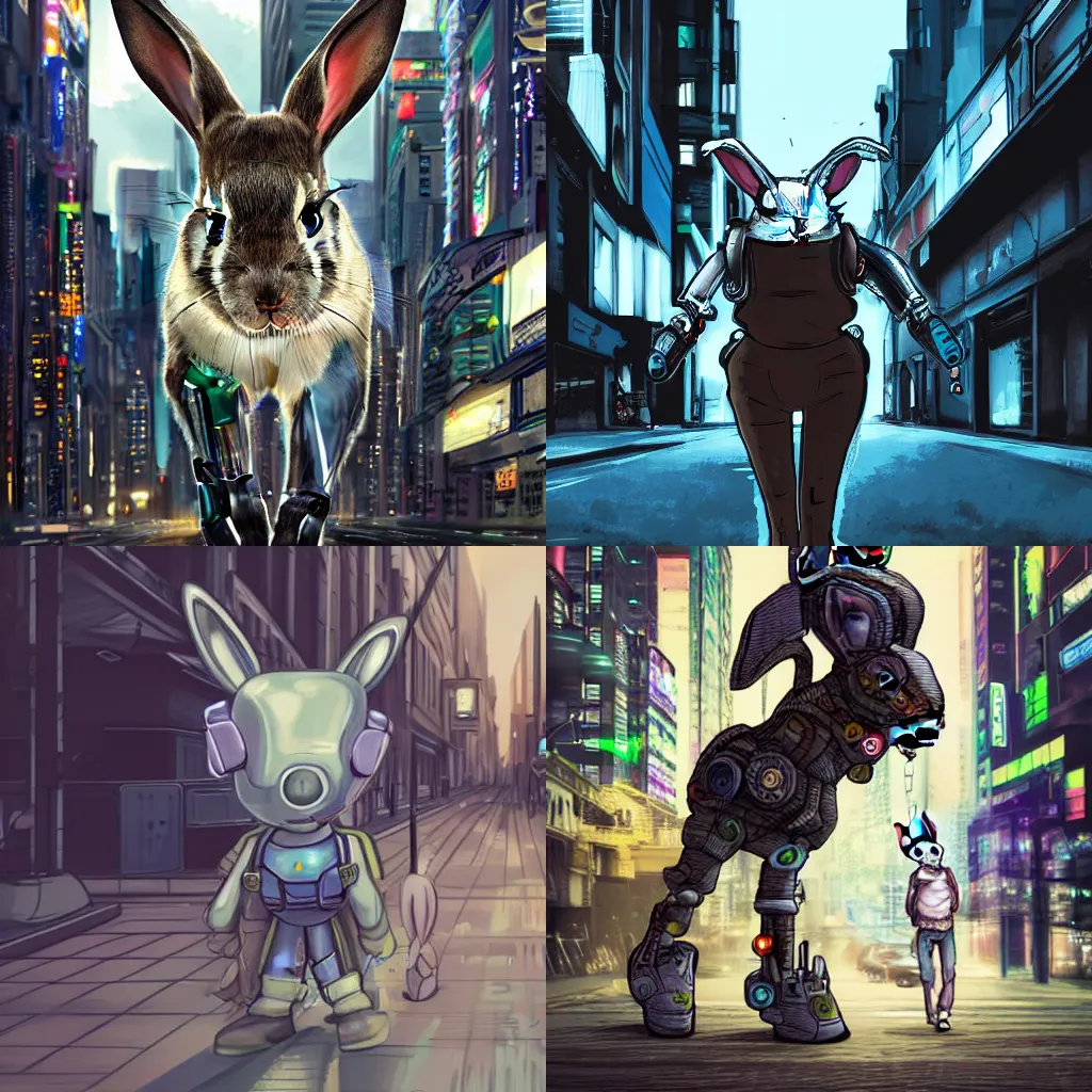 Prompt: realistic portrait of a cyborg rabbit walking on a cyberpunk street