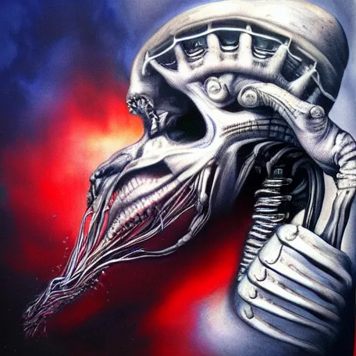 Image similar to the universe is anatomically correct, hyperrealistic rendering, h. r. giger, perfection, red and blue, smoke in air, scary, beautiful, high detail, cinematic