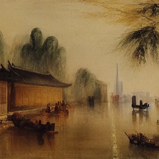 Image similar to wuzhen of china impressionism style by j. m. w. turner, c. 1 8 2 7