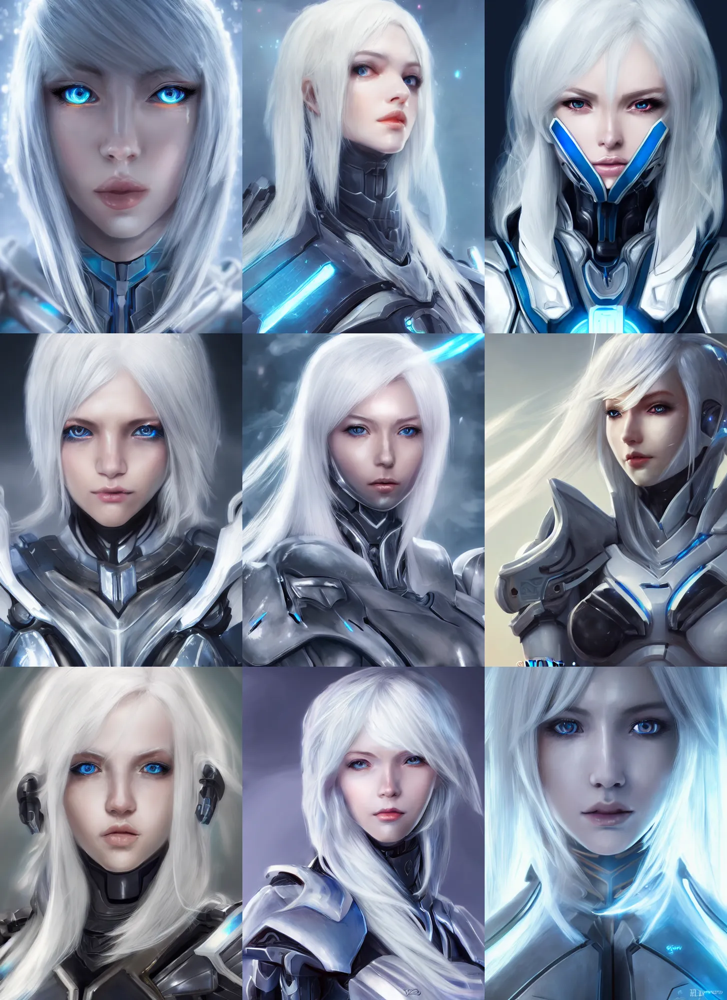 Image similar to detailed portrait of perfect white haired girl, android, warframe armor, beautiful, pretty face, blue cyborg eyes, innocent, scifi, 4 k, sun yunjoo, ultra realistic, aura of light, cinematic lighting, highly detailed, sharp focus, artstation, masterpiece, art by hyungjin yang