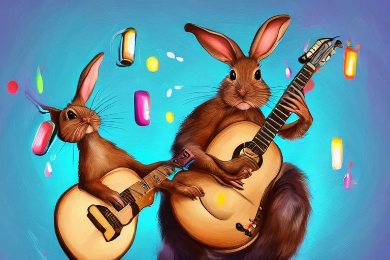 Prompt: a hyperdetailed digital oil painting of a rabbit is playing the guitar, cartoon, trending on artstation and deviantart