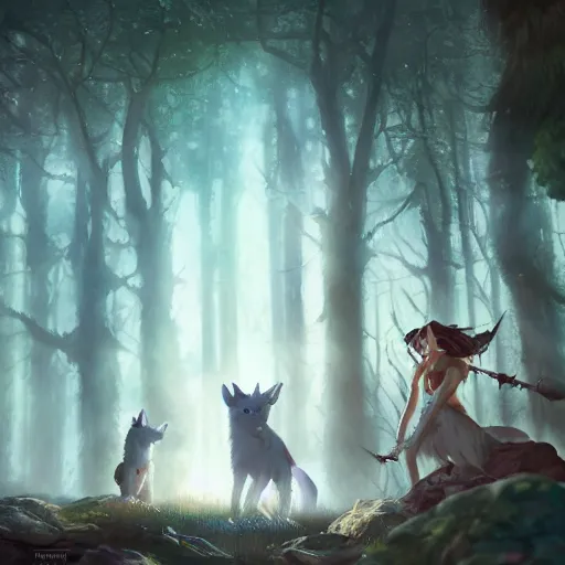 Prompt: Princess Mononoke holding a spear, standing next to Moro the white wolf, in a bioluminescent forest at night, with the Great Forest Spirit in the background, portrait by loish and WLOP, octane render, dark fantasy, trending on ArtStation