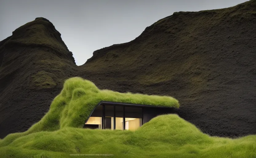 Image similar to An Exterior wide angle shot painting of a modern architecture house in the middle of a green icelandic valley with black sand rocks and green moss, Greg Rutkowski and Craig Mullins, Cinematic and atmospheric lighting