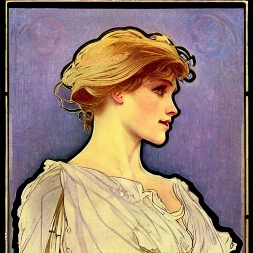 Prompt: blonde danish sports woman portrait by louis - theophile hingre and alphonse mucha, realistic, sharp focus, art nouveau, smart, wisdom, power, football, strong