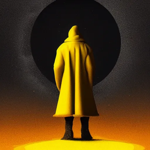 Image similar to award - winning. trending on artstation. 4 k. eerie tone. a figure wearing a layered yellow coat standing in front of a black hole in space. dark background. in the style of cedric peyravernay. full - body. medieval. 4 k.