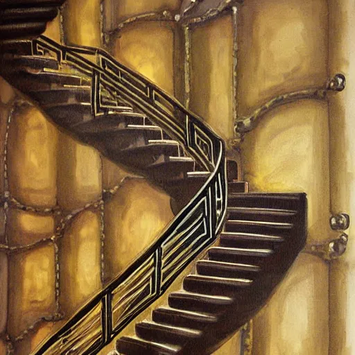 Prompt: Steampunk escher stairwell painting