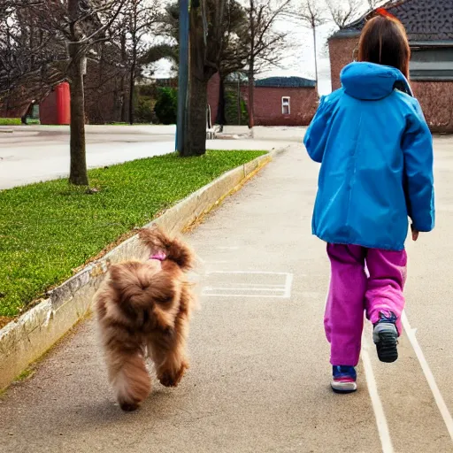 Image similar to a dog is walking a child to school