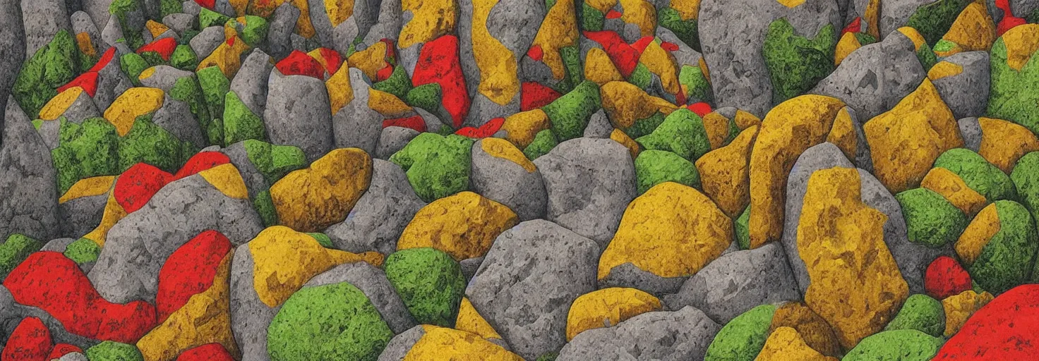 Image similar to a rock garden by m. c. escher, yellow, green, red, snowy, ultra sharp, ultra detailed, cyberpunk, happy, uplifting, colorized by salvador dali