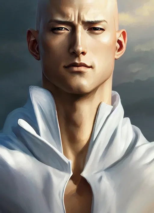 Image similar to ultra realistic illustration, handsome saitama. white cape, intricate, elegant, highly detailed, digital painting, artstation, concept art, smooth, sharp focus, illustration, art by artgerm and greg rutkowski and alphonse mucha and wlop