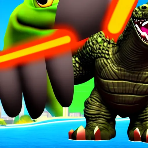 Prompt: Godzilla as a playable skin in Subway Surfers