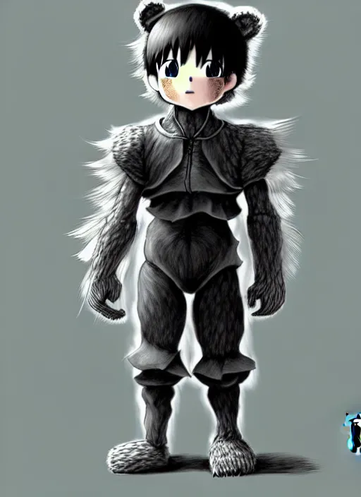 Image similar to beautiful little boy wearing an cyborg bear suit, artwork in kentaro miura and made in abyss and rosdraws, smooth, beautiful lightness, anatomically correct, trending on pixiv, forest