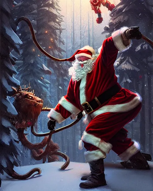 Prompt: santa battles krampus, fine details, realistic shaded lighting poster by greg rutkowski, magali villeneuve, artgerm, jeremy lipkin and michael garmash and rob rey