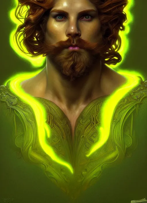 Image similar to portrait of demigod hercules, wavy auburn hair, wild board hide, glowing eyes, volumetric lights, green yellow scheme, art nouveau botanicals, gothic, intricate, highly detailed, digital painting, artstation, concept art, smooth, sharp focus, symmetric face, illustration, steampunk, art by artgerm and greg rutkowski and alphonse mucha