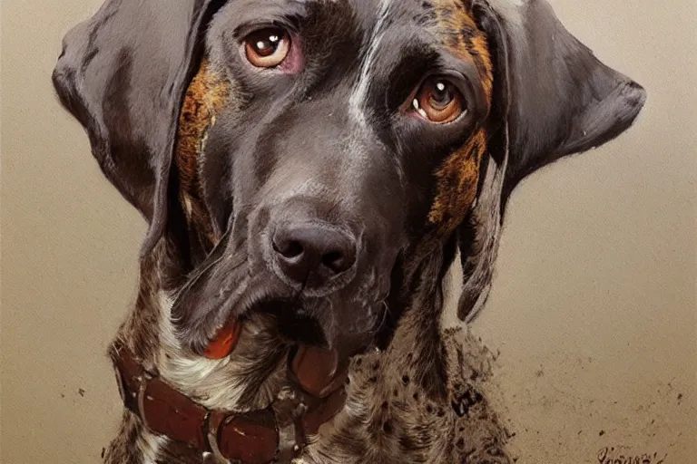 Prompt: painting of a German Shorthaired Pointer dog by James Gurney and Greg Rutkowski