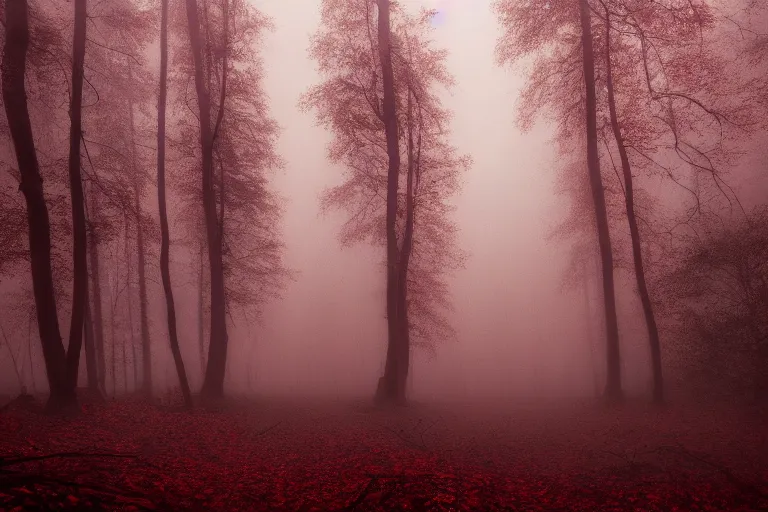 Image similar to deep dark moody forest, red fog on the ground, bleak. big stones, dark mood. mysterious. doom. realistic painting. photobashing, matte painting, highly detailed, autumn, cinematic, hyperralistic, artstation