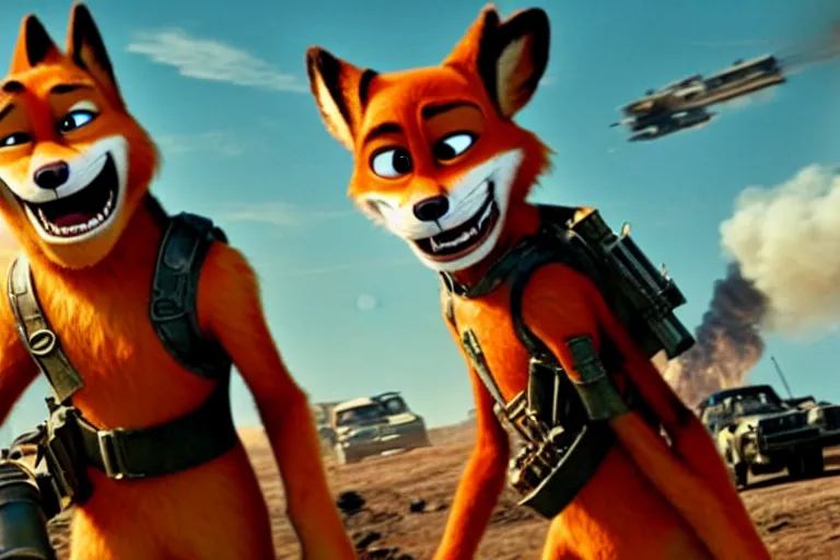 Image similar to nick wilde, heavily armed and armored facing down armageddon in a dark and gritty reboot from the makers of mad max : fury road : witness me