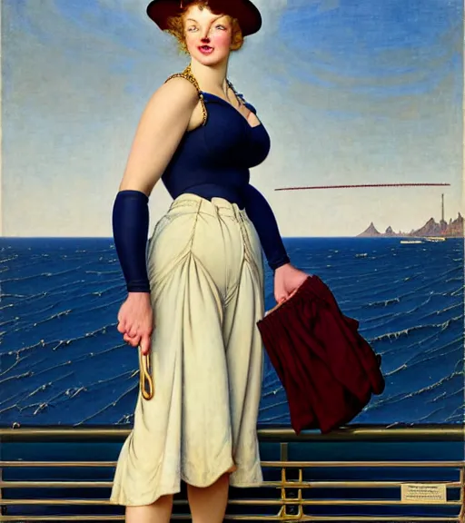 Prompt: a fancy beautiful plump young lady holding a purse standing on a wharf at the edge of the sea by brom and gil elvgren and jean delville and william blake and norman rockwell and michael whelan, crisp details, hyperrealism, high contrast, feminine facial features, stylish navy blue heels, gold chain belt, cream colored blouse, maroon hat