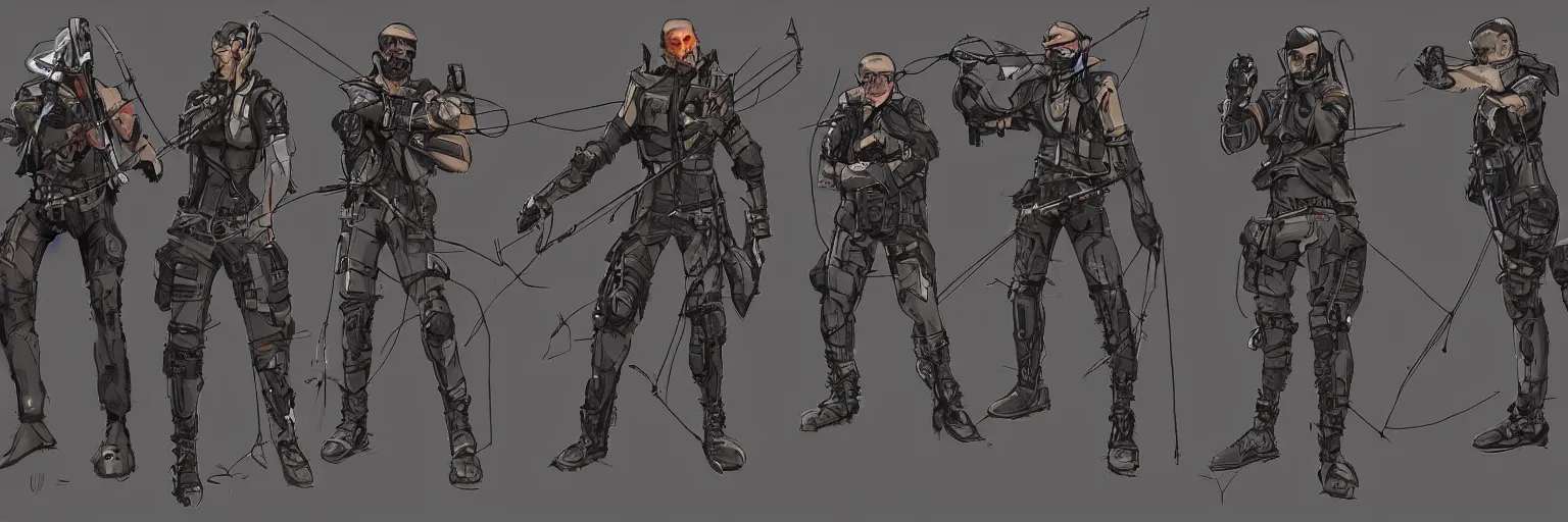 Image similar to character designs of cyberpunk archer, carrying compound bow, tactical, style over substance, layout