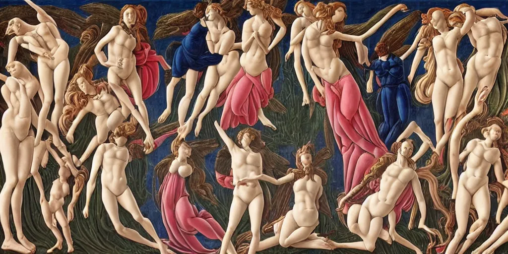 Image similar to the 12 months of the year, represented by 12 figures, of different ages and genders, in a style blend of Botticelli and Æon Flux, stunningly detailed artwork