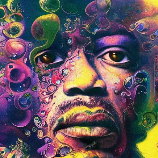 Image similar to colour masterpiece surreal closeup portrait photography of jimi hendrix by miho hirano and annie leibovitz and michael cheval, weird surreal epic psychedelic complex biomorphic 3 d fractal landscape in background by kilian eng and roger dean and salvador dali and beksinski, 8 k