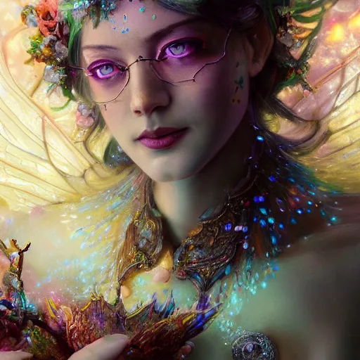 Prompt: face closeup of magical fairy flowers and ice velvet, 7 7 7 7, diamonds, angels, 3 d render, hyper - realistic detailed portrait, holding fire and electricity rainbow, ruan jia, wlop. scifi, fantasy, magic the gathering, hyper detailed, octane render, concept art, peter mohrbacher c 2 0