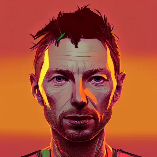 Image similar to Portrait of Thom Yorke half-human half-robot, mattepainting concept Blizzard pixar maya engine on stylized background splash comics global illumination lighting artstation lois van baarle, ilya kuvshinov, rossdraws