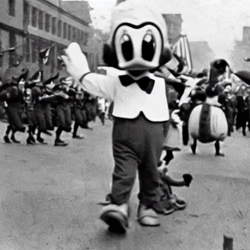 Image similar to historic colorized photograph of donald duck at a nazi parade in 1 9 3 6