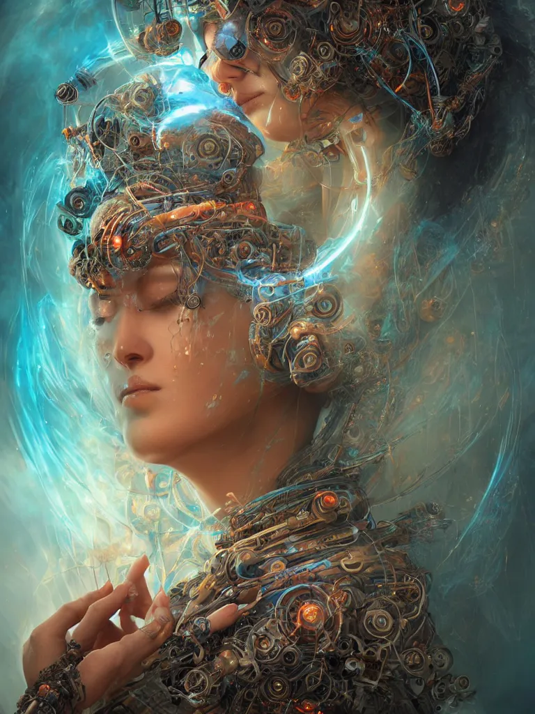 Image similar to an ancient mystical alluring female shaman generating flowing energy and surrounded by wisps of incense smoke sits meditating in a magical cybernetic robot temple, face face face, by karol bak and artgerm, 3 d, cinema 4 d render, trending on artstation