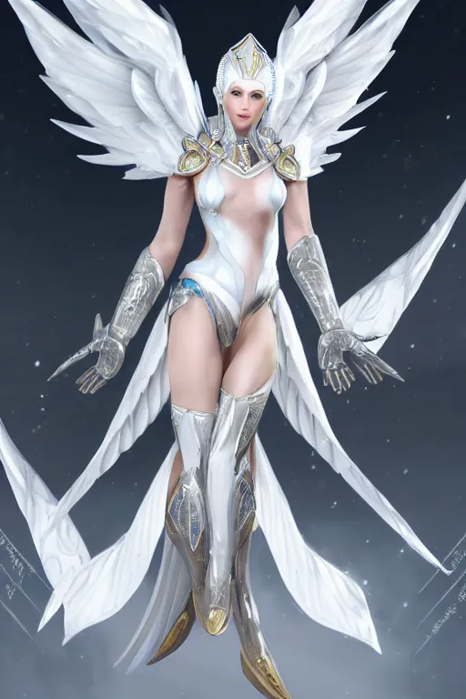 Image similar to perfect white haired egyptian goddess wearing white dove wings, warframe armor, regal, attractive, ornate, sultry, beautiful, ice queen, half asian, pretty face, blue eyes, detailed, scifi platform, 4 k, ultra realistic, epic lighting, android body, illuminated, cinematic, masterpiece, art by akihito tsukushi, voidstar