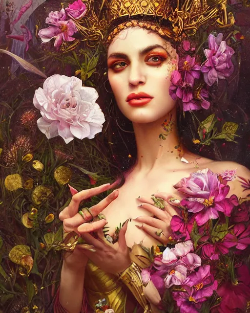 Image similar to portrait of the arab queen of the underworld, surrounded by flowers by karol bak, james jean, tom bagshaw, rococo, sharp focus, trending on artstation, cinematic lighting, hyper realism, octane render, 8 k, hyper detailed.