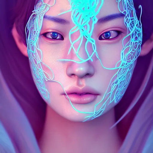 Image similar to intricate highly detailed face portrait of asian - european woman, light blue - pink gradient water vines on her face, intricate, cgsociety, unreal engine, octane render, sharp focus, smooth, volumetric lighting, cinematic composition, artstation