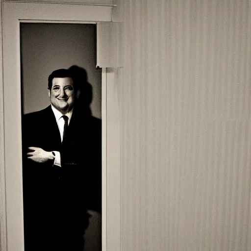 Prompt: Ted Cruz with a wide grin wielding a hatchet peaking through a door in the distance at the end of a narrow corridor, black and white, creepy lighting, scary, horror, ornate, eerie, fear, oil painting