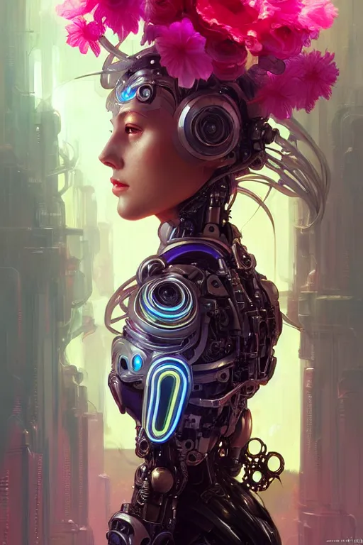Image similar to beautiful female mechanical android!, half portrait, neon flowers, intricate detailed environment, photorealistic!, floro details, intricate, elegant, highly detailed, digital painting, artstation, concept art, smooth, sharp focus, illustration, art by artgerm and greg rutkowski and alphonse mucha
