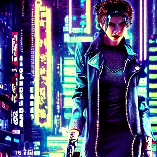 Prompt: Cinematic movie still of Gal Godot as Molly Millions the cyberpunk woman in Neuromancer