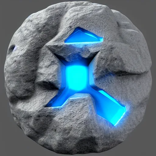 Prompt: videogame asset, a stone with a dark blue law symbol etched in the middle, unreal engine 5, videogame, artstation.