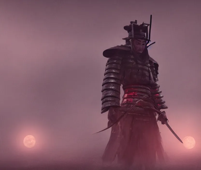 Image similar to 'a samurai! haunted by souls and ghosts with a big full moon on background , gloomy and foggy atmosphere, octane render, artstation trending, highly detailded'