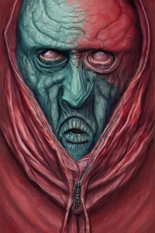 Prompt: A distorted creature in a hoodie from under which crawls out many faces of Nicolas Cage, red, disco elysium, highly detailed, digital painting, artstation, concept art, smooth, illustration, art by Wayne Barlowe and Zdislav Beksinski and Francis Bacon