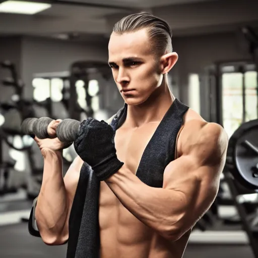 Image similar to male elf at the gym, lifting weights. ethereal beauty contrasting hard metal equipment. fantasy athlete. weight training. elven elfish elf ears elf beauty pretty boy symmetrical face good looking handsome fair fine.