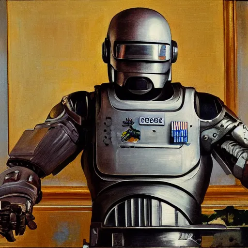 Image similar to joe biden as robocop, realistic oil painting, style of norman rockwell, 8 k, super sharp, ultra detail, rule of thirds,