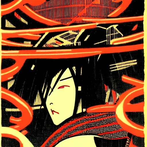 Image similar to japanese cyberpunk silk screen by utagawa yoshiiku, ohara koson, pixiv contest winner, cyberpunk style, cyberpunk color scheme, japanpunk, ( ( neon ) )