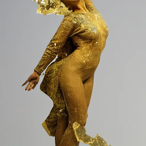 Prompt: a beautiful exotic magical mysterious woman made of shattered marble glass gold fragmentation, dynamic pose