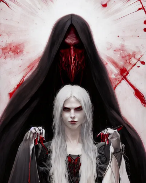 Image similar to '' Portrait of a blood warlock with white hair, dark theme, white long hair, fangs, bone wings,dark cape, dark eyes, dark red background, high detail, 4k , digital painting, artstation, concept art, sharp focus, illustration, art by greg rutkowski and alphonse mucha ''