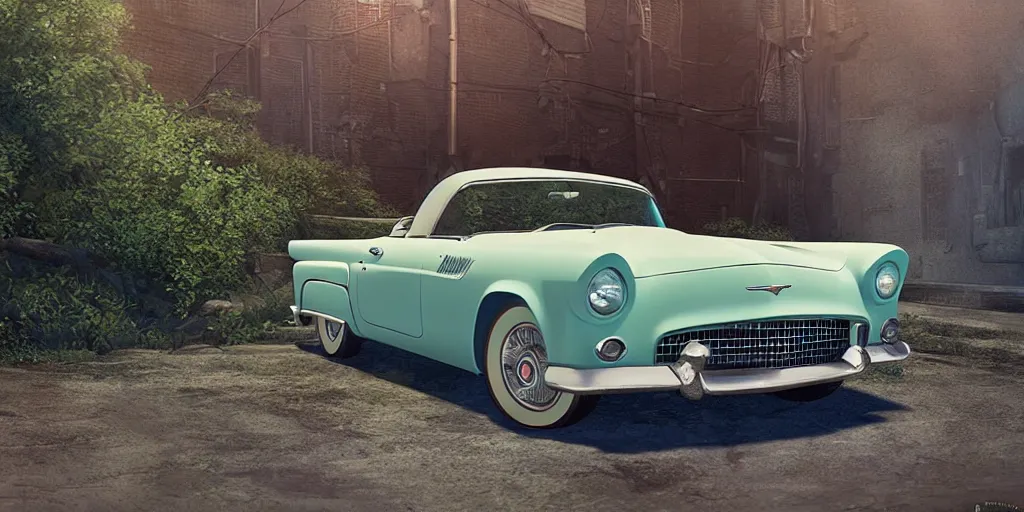 Image similar to a wholesome animation key shot of a focused old 1955 Ford Thunderbird car parked in an abandoned alleyway, medium shot, waist up, studio Ghibli, Pixar and Disney animation, sharp, very detailed, high resolution, Rendered in Unreal Engine 5, anime key art by Greg Rutkowski, Bloom, dramatic lighting